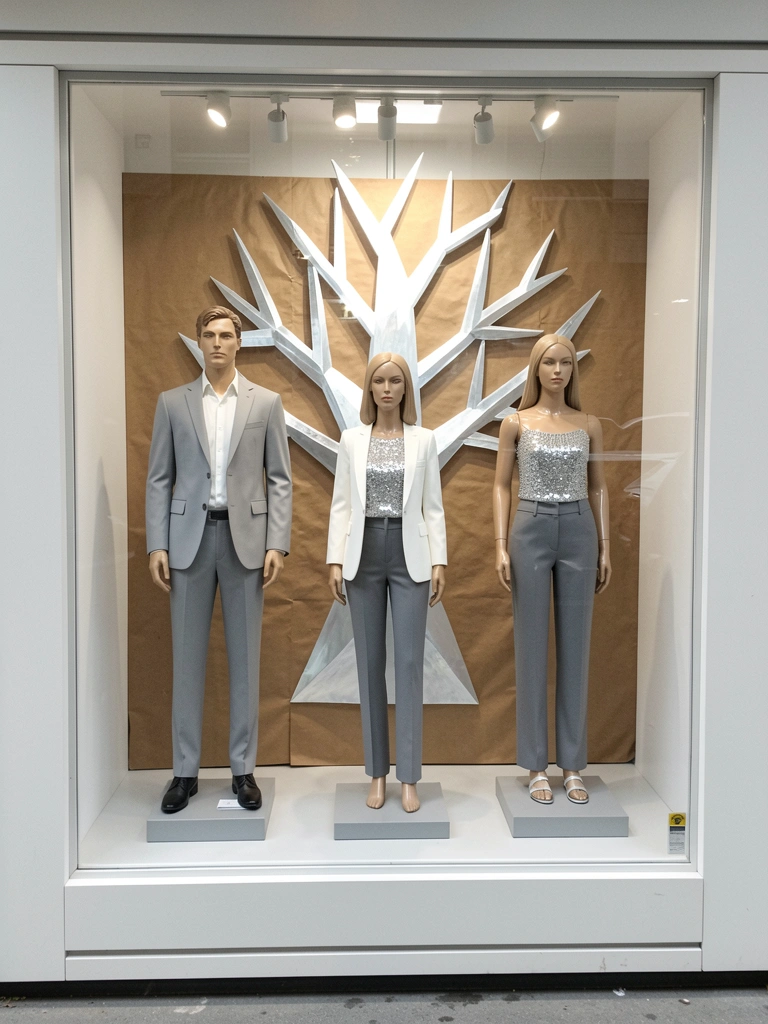 Vitrine de loja de roupas decorada para o Natal, com árvore e papel kraft ao fundo