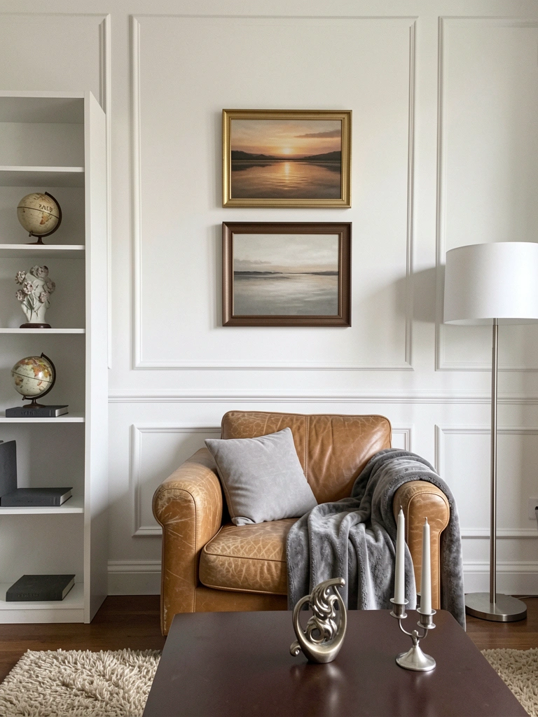 Sala de estar com parede de gesso branco e sofá cinza, iluminação suave