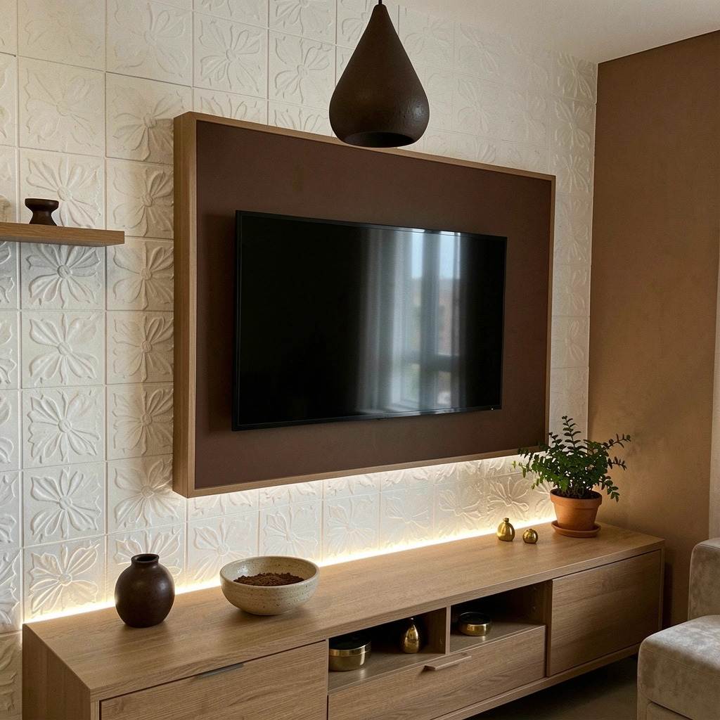 Sala iluminada com parede de gesso decorativa e móveis modernos