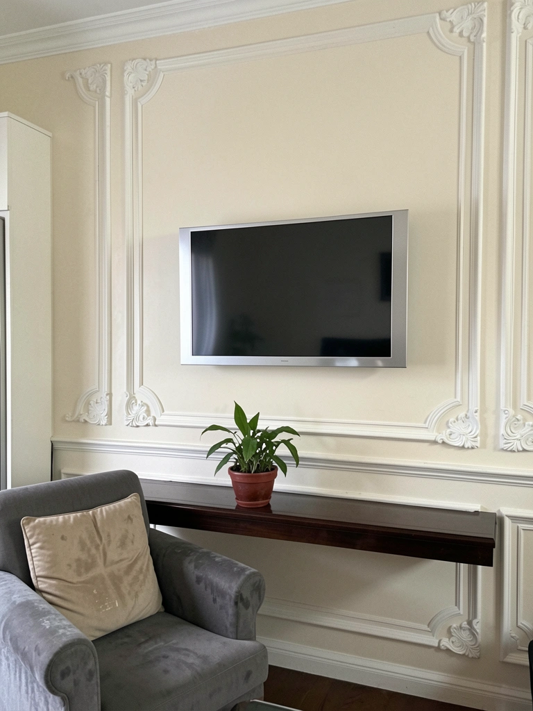 Moldura clássica de gesso em parede de sala tradicional, com acabamento branco e detalhes ornamentados