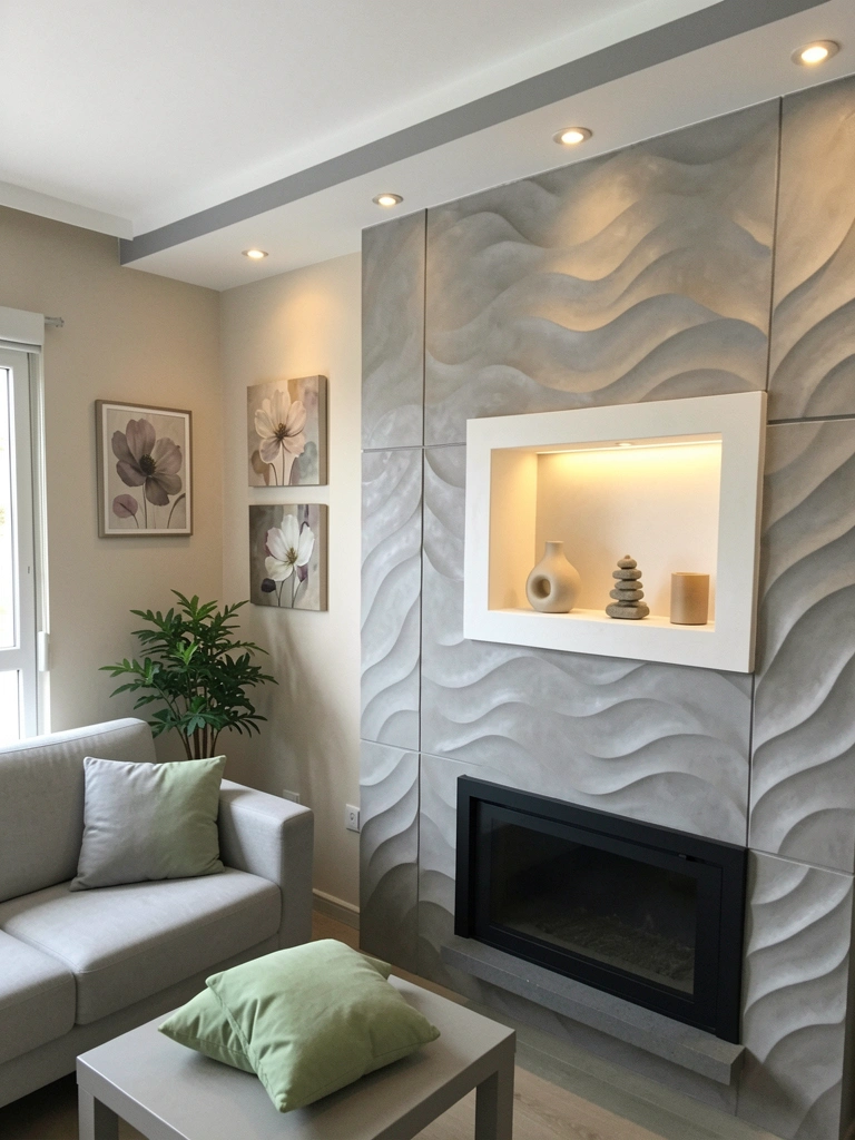 Nicho de gesso iluminado com vaso e livros decorativos na parede