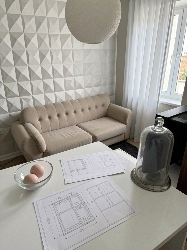 Desenhos técnicos de projeto de parede de gesso sobre mesa de arquiteto com régua e lápis