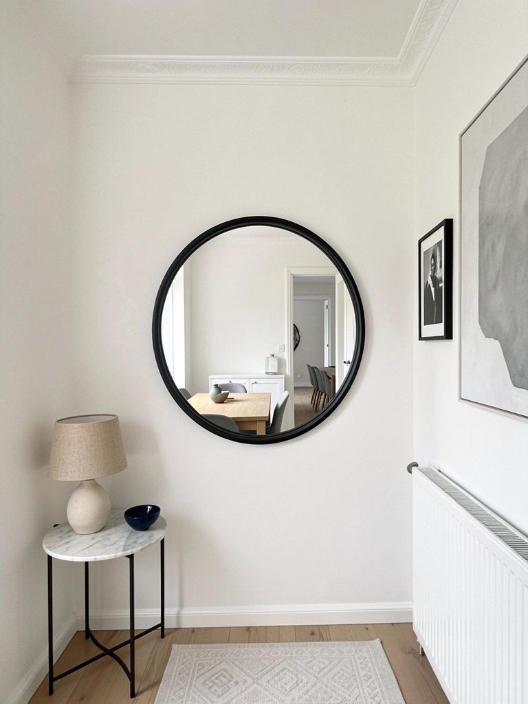 Sala minimalista com paredes de gesso liso e sofá cinza claro