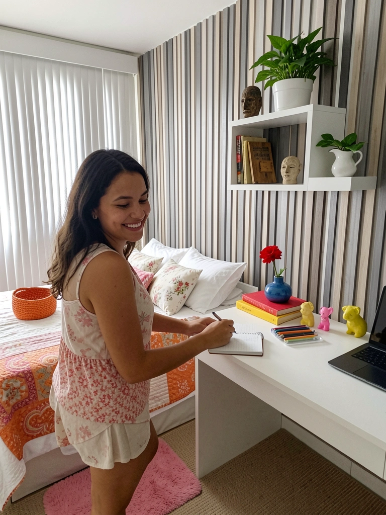 Jovem mulher anota ideias em caderno ao lado de planta baixa de quarto