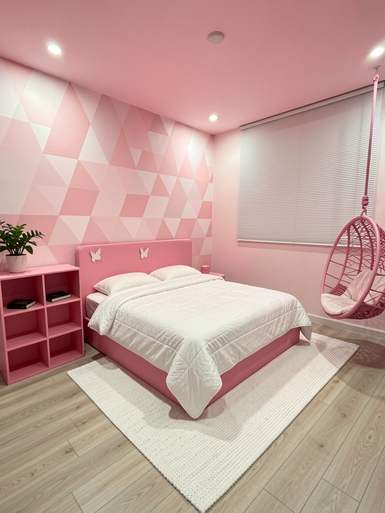 Quarto minimalista com cama baixa e centro vazio
