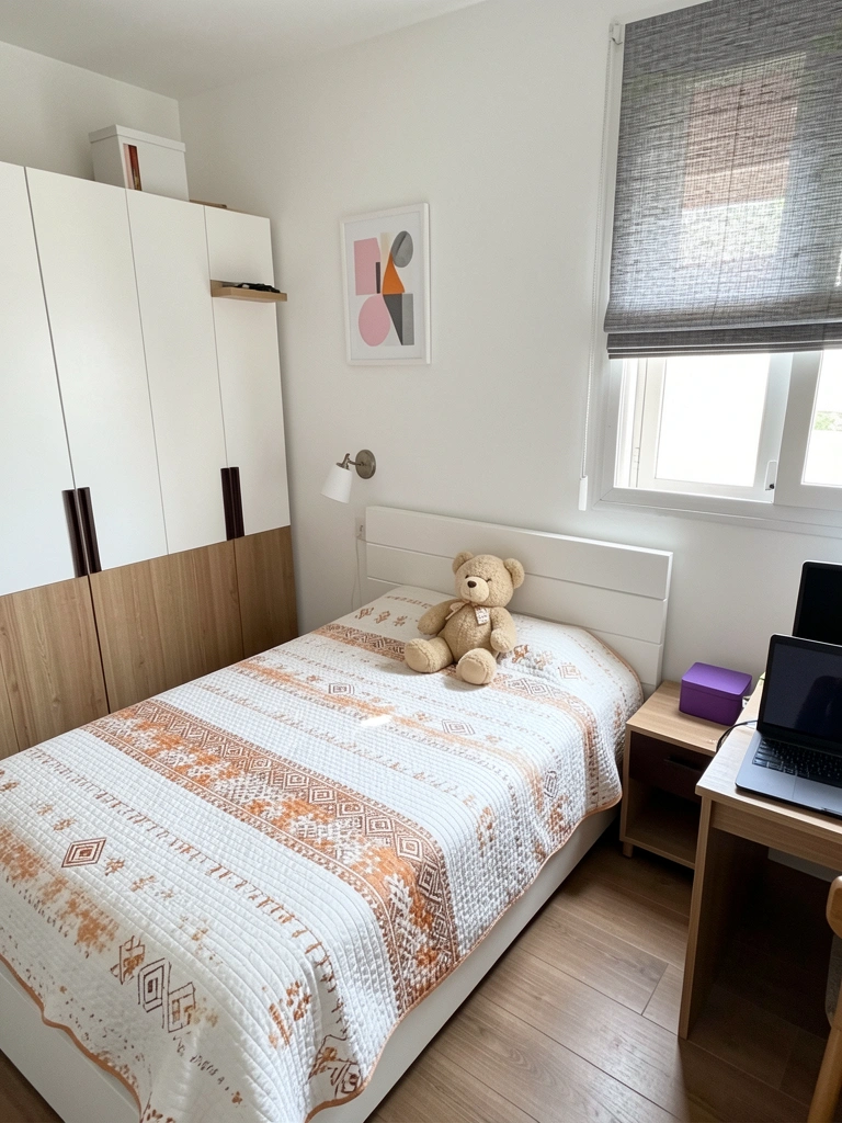 Quarto pequeno com paredes brancas e móveis claros, cama com roupa de cama neutra e mesa de cabeceira de madeira clara