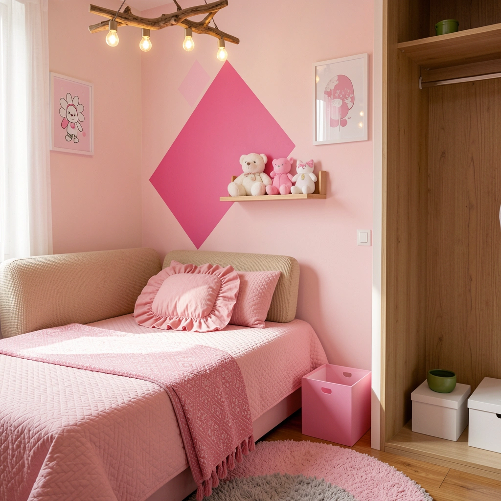 Parede rosa suave com detalhe em tom vivo em um quarto jovem