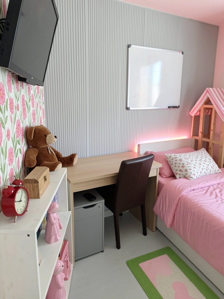 Quarto jovem com fita de LED acesa atrás da cabeceira, iluminação suave em tons de roxo e azul, cama arrumada com travesseiros e manta, parede lisa clara