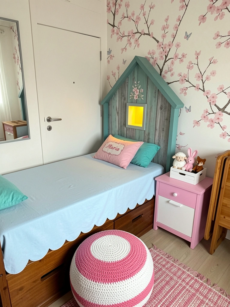Quarto com cama baú e mesa dobrável encostada na parede