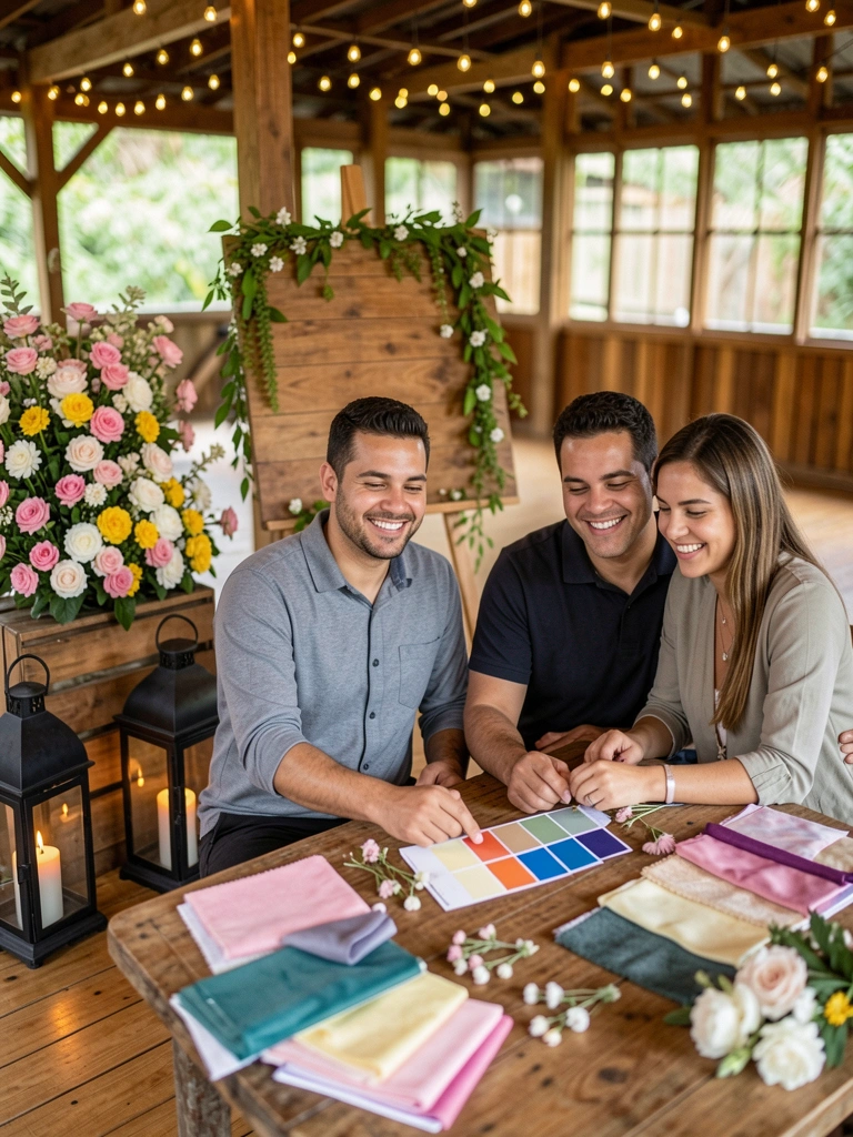 Casal analisando amostras de cores e tecidos sobre uma mesa de madeira