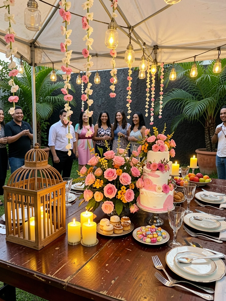 Mesa posta com arranjos de flores, velas e talheres dispostos sobre toalha clara