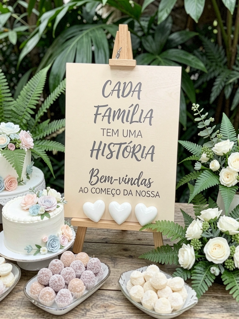 Mesa de recepção com bolo, doces finos e arranjos florais