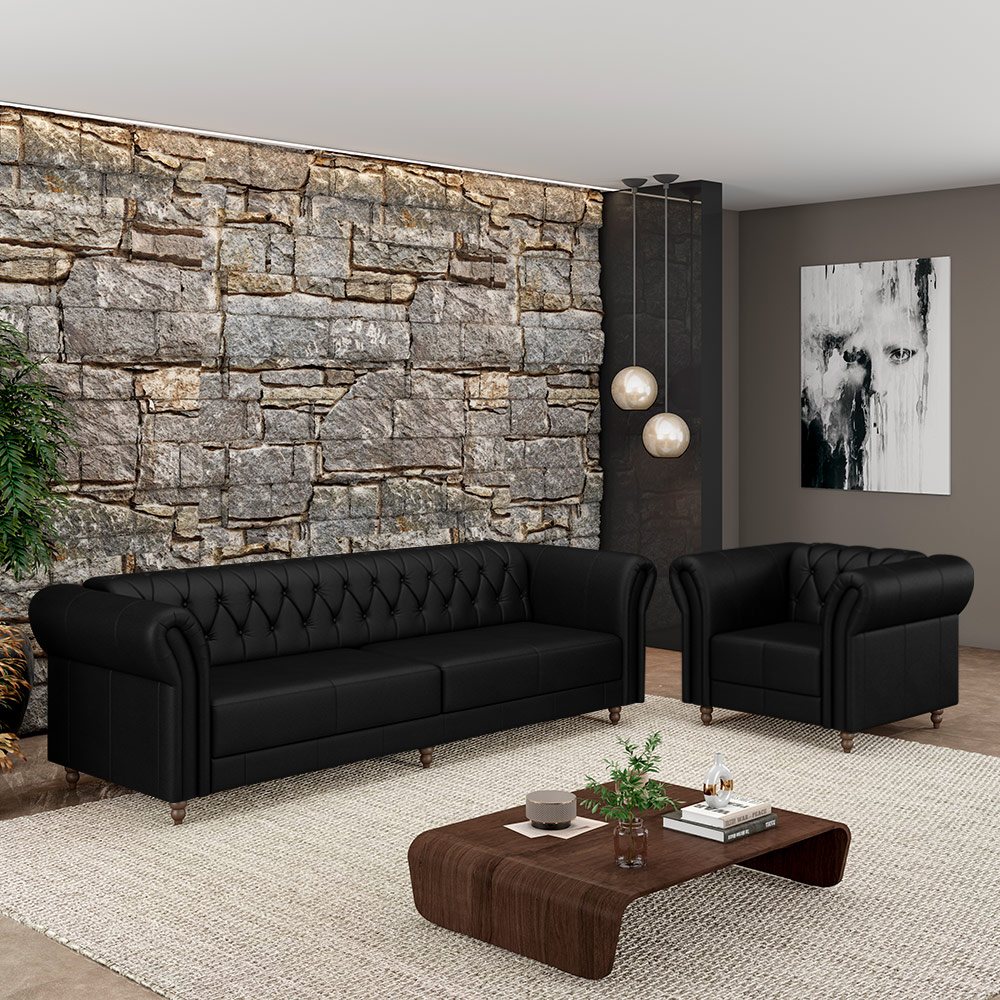 decoração sala sofá preto poltronas coloridas