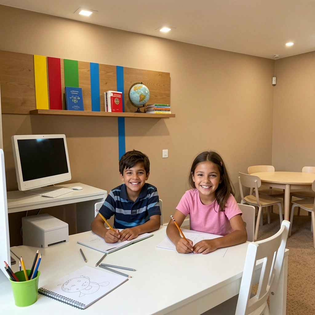 Alunos sorridentes estudando em uma sala de aula acolhedora