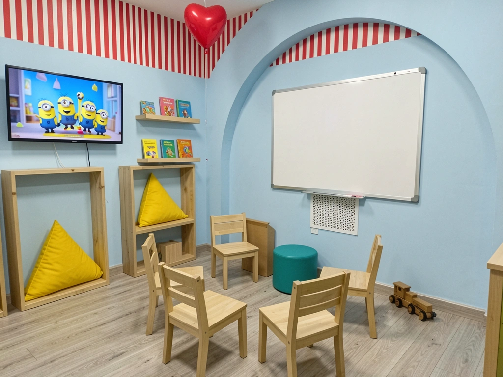 Sala de reforço escolar com quadro branco na parede e cadeiras dispostas em semicírculo