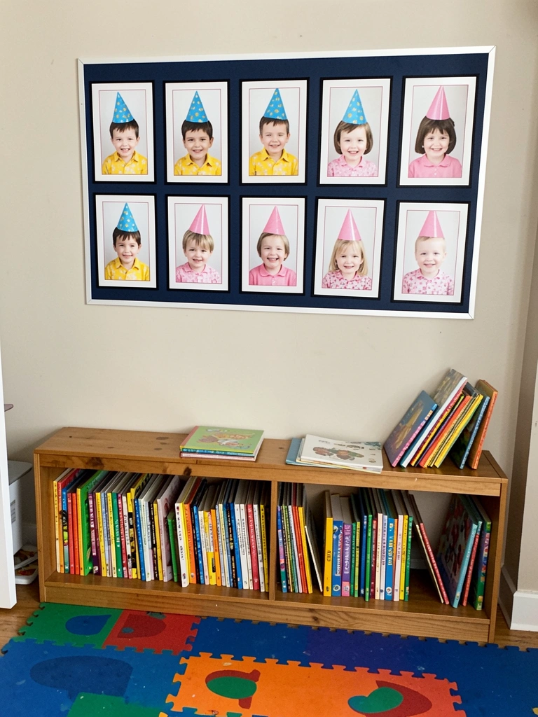 Tapete emborrachado colorido com estante de livros infantis ao fundo