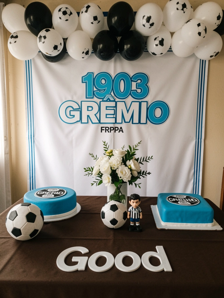 Mesa de aniversário decorada com tema do Grêmio, com bandeirinhas, bolos e doces em azul, preto e branco.