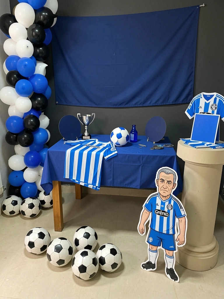 Mesa com itens decorativos em azul, preto e branco, incluindo bandeirinhas, balões e um bolo temático.