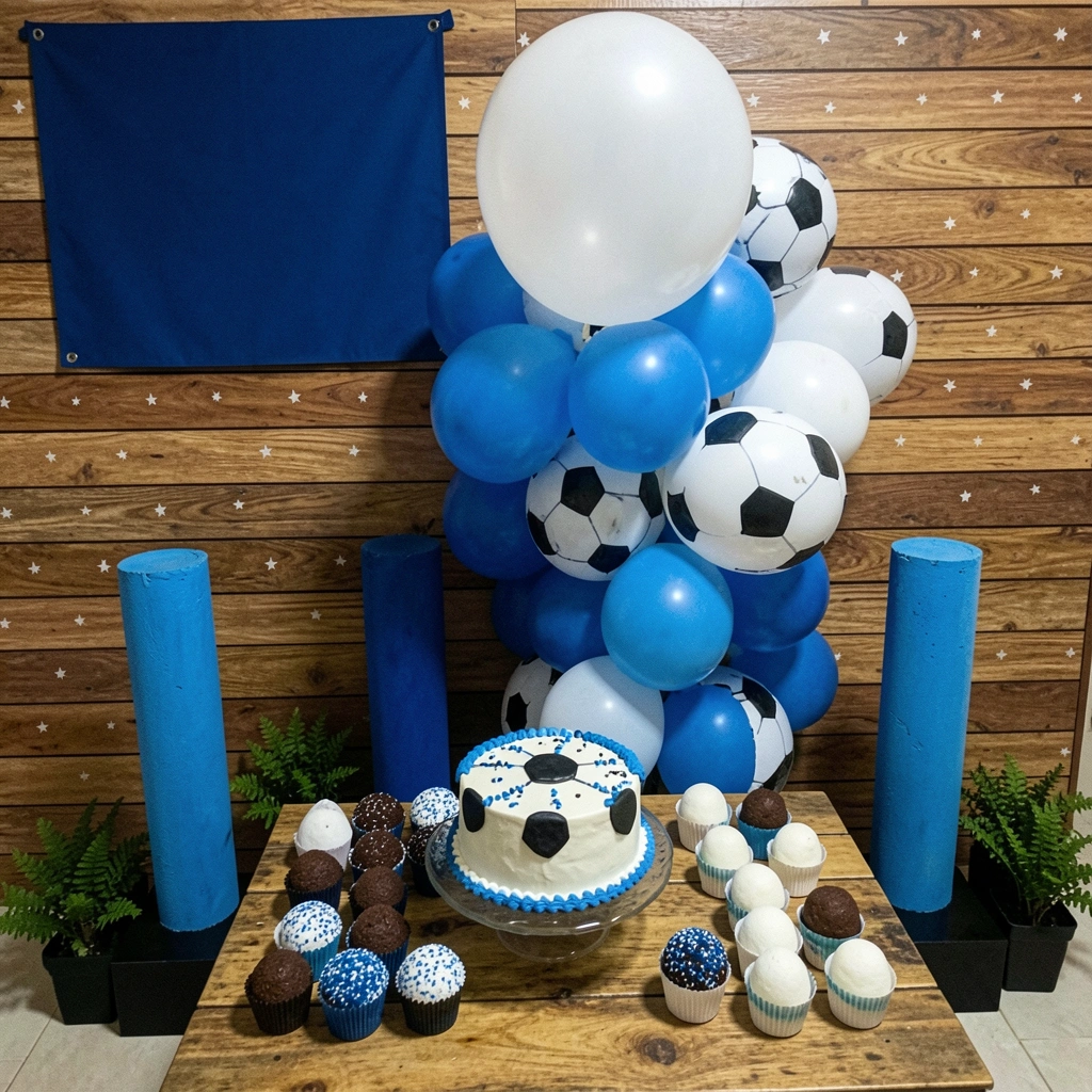 Bolo temático do Grêmio com docinhos nas cores azul, preto e branco