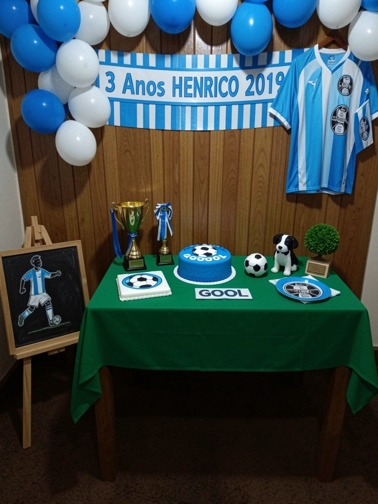 Camisa do Grêmio pendurada em cabide, com bandeira e itens decorativos ao fundo