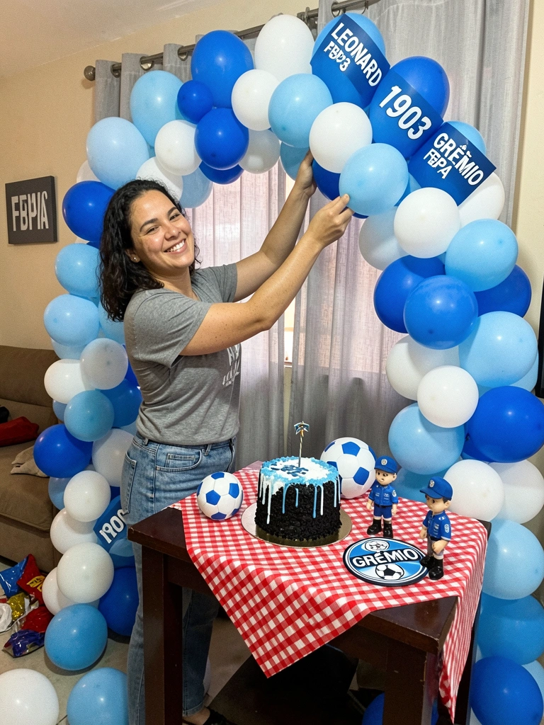Pessoa pendurando bandeirinhas coloridas em parede de sala durante preparativos de festa
