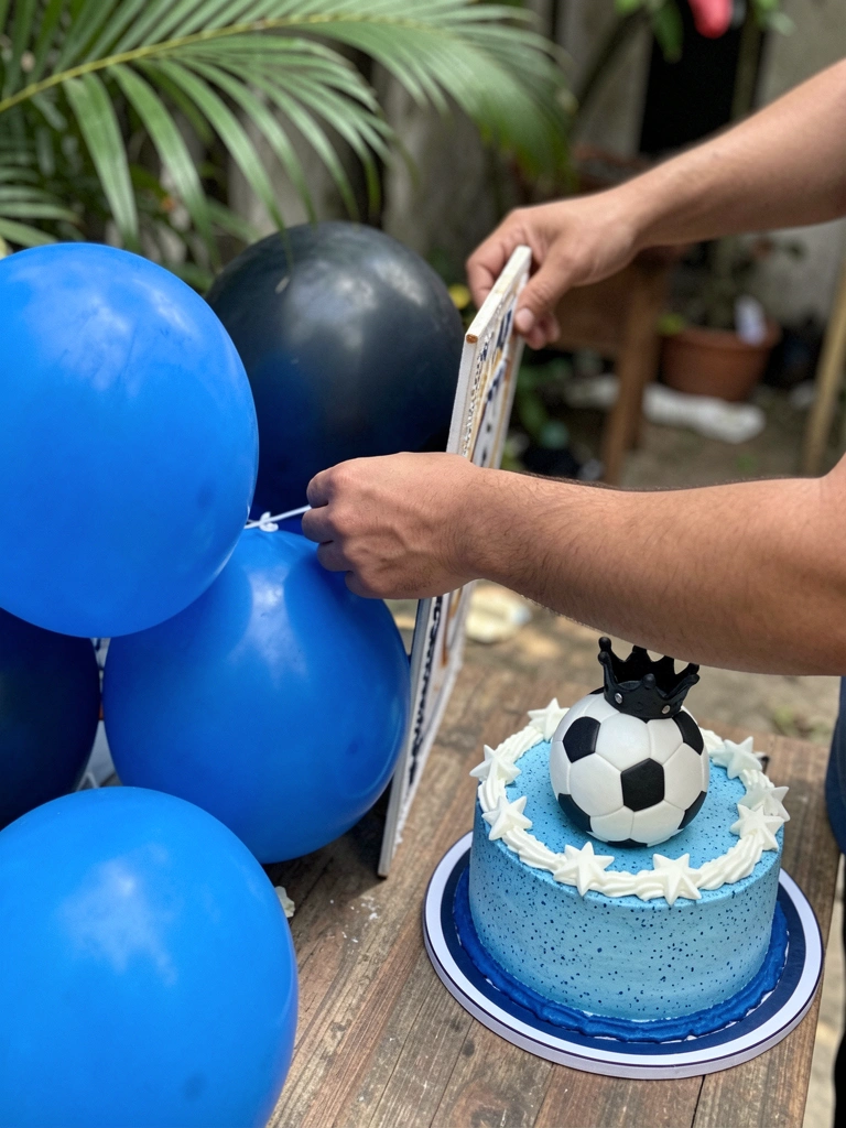 Mãos montando painel decorativo com balões para festa