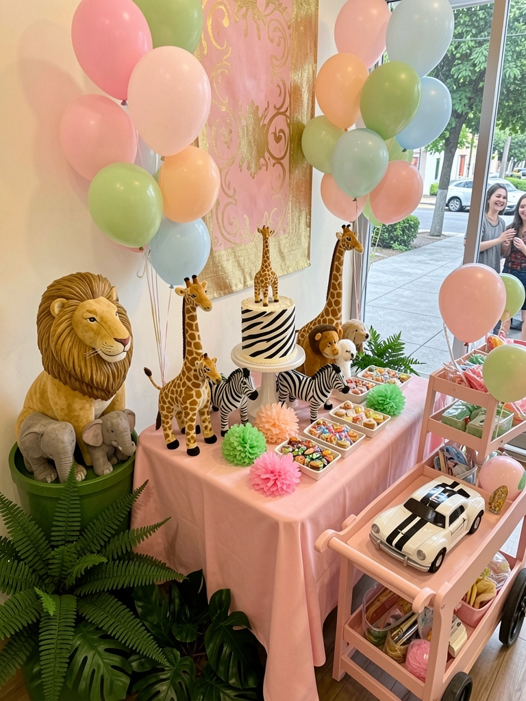 Mesa de festa com bichos de pelúcia de safari e folhagens tropicais