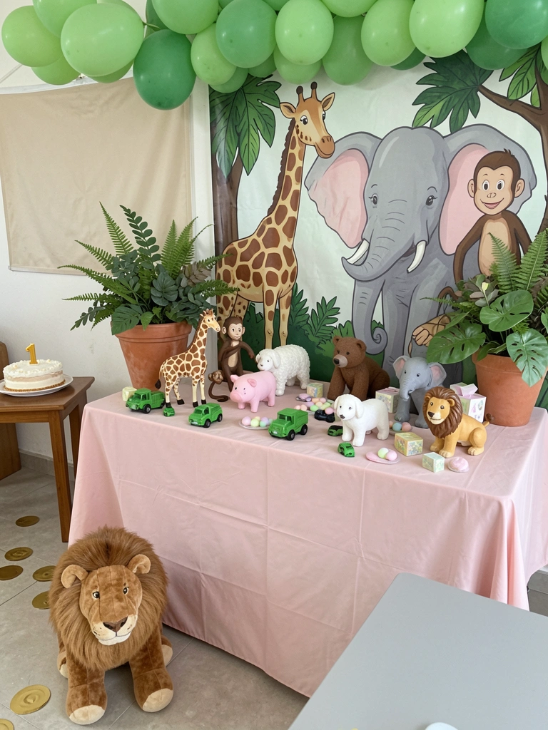 Três composições de decoração safari em estilos distintos, com tecidos e objetos temáticos
