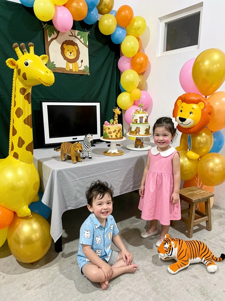 Detalhes dourados de talheres e enfeites sobre uma mesa de festa com tema safari, com folhagens verdes ao fundo