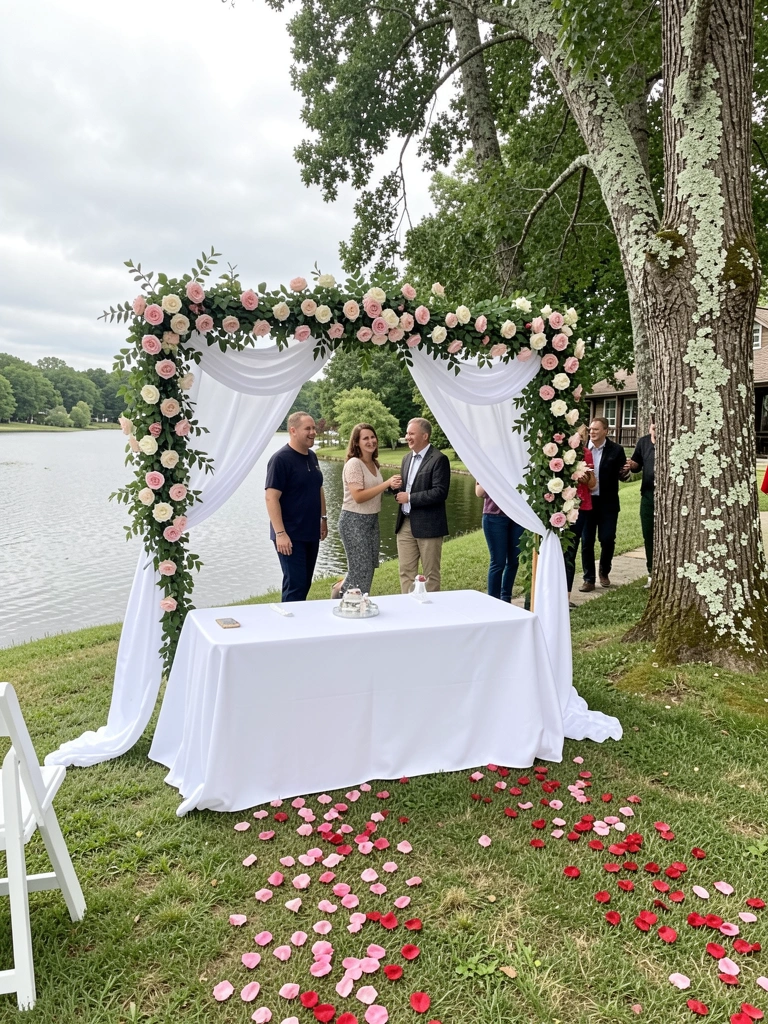 Arco iluminado na entrada de um casamento, com convidados chegando à noite