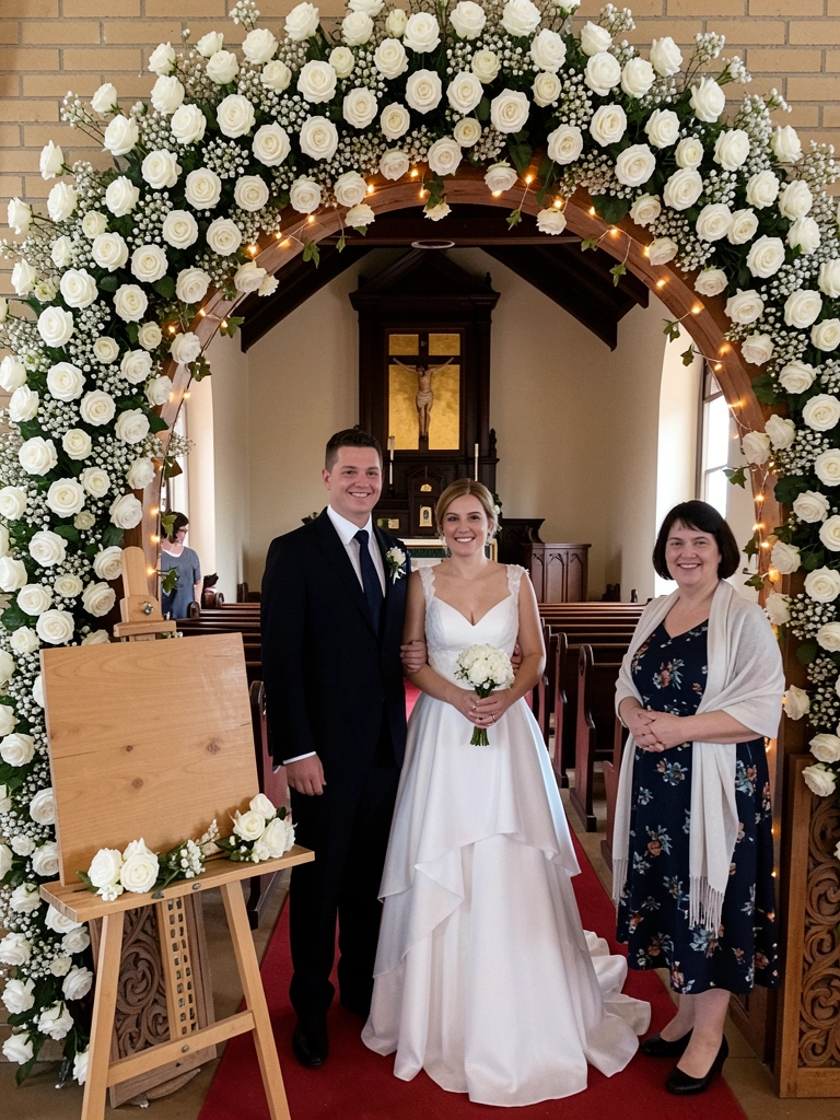 Arco de madeira com painel decorativo, plaquinha de boas-vindas, luzes pendentes e tapete na entrada de um casamento ao ar livre.