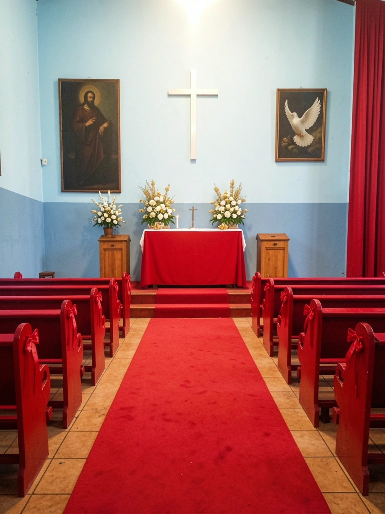 Altar de igreja com toalha vermelha e arranjos brancos e dourados