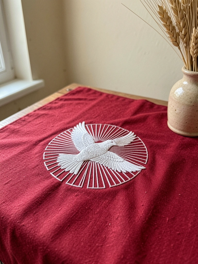 Toalha de altar vermelha com bordado de pomba e raios dourados