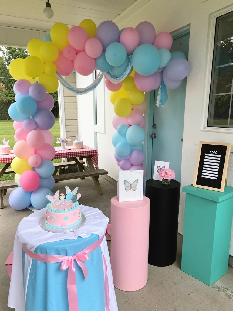 Mesa de festa infantil com bolo decorado com borboletas e paleta de cores pastel