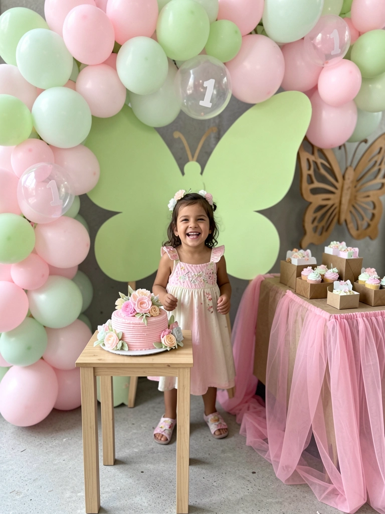 Menina de 3 anos sorrindo em festa infantil com arco de balões coloridos em formato de borboleta