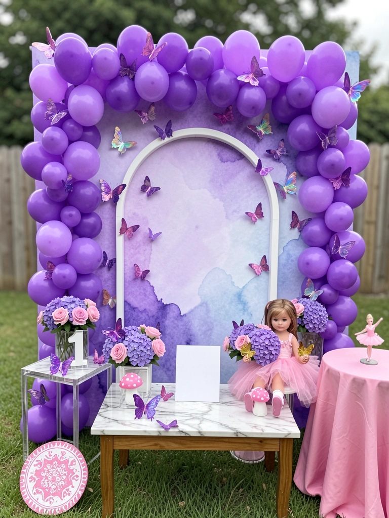 Painel decorativo com borboletas 3D e flores artificiais em tons pastel