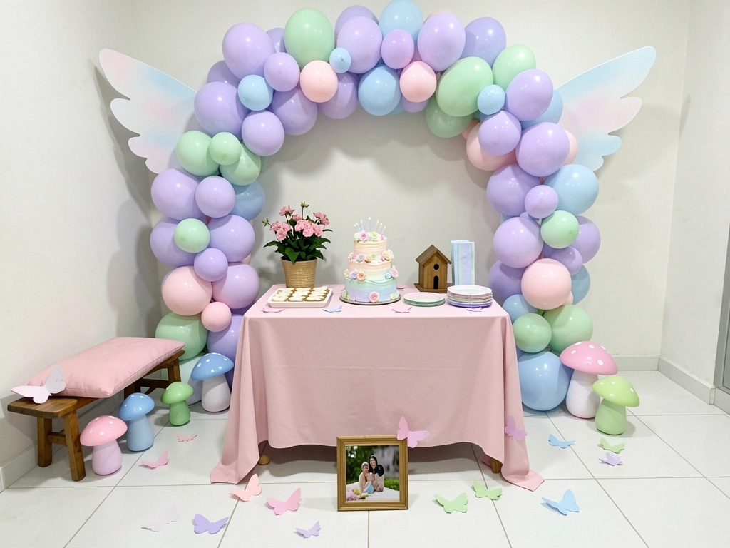 Amostras de cores pastel em tons de rosa, lilás e verde com borboletas de papel sobre superfície clara