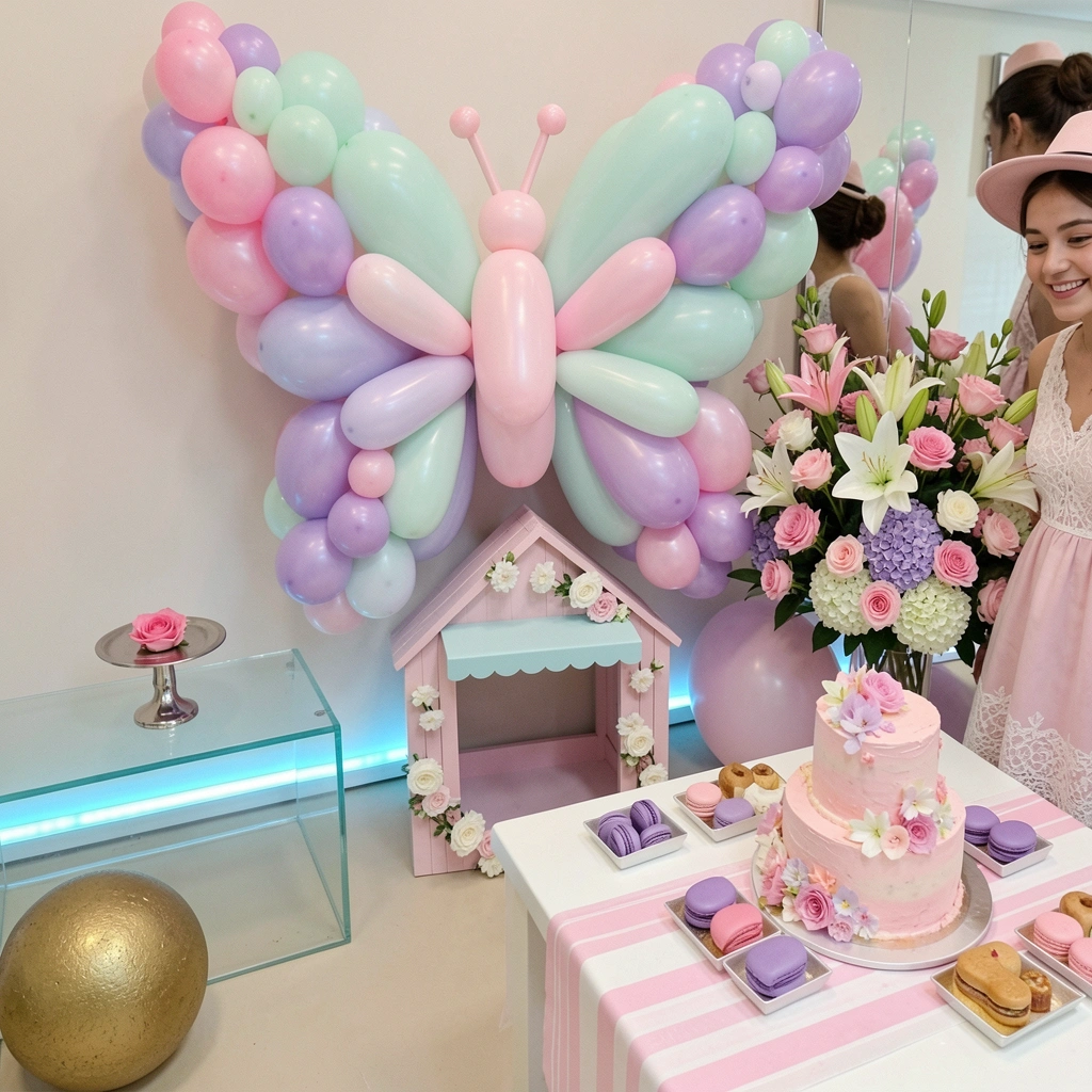Balões rosa, lilás e verde menta com detalhes de borboletas em uma decoração de festa infantil.