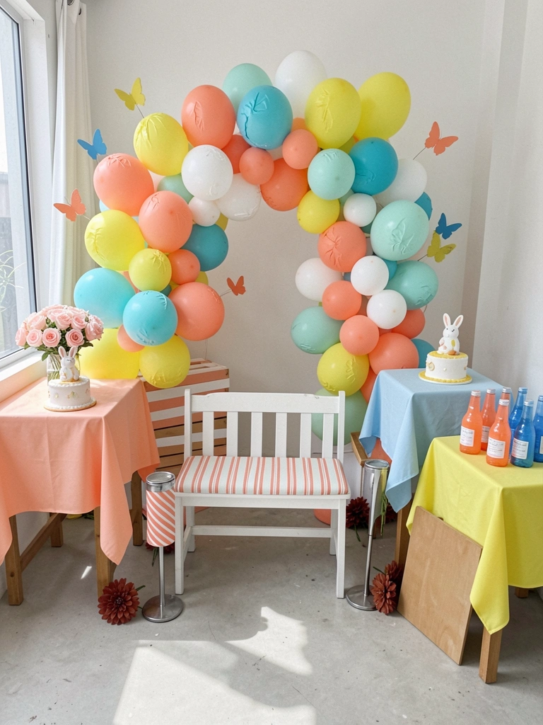 Borboletas decorativas em amarelo, coral e azul sobre uma parede clara