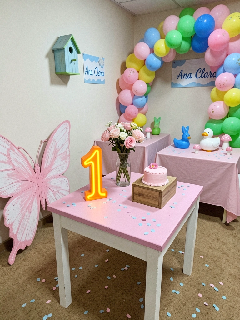 Salão pequeno com paredes claras, mesas decoradas com borboletas e arranjos suaves