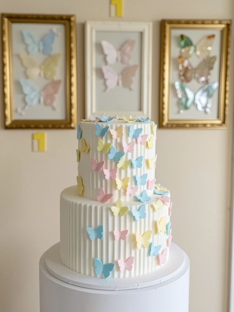 Três painéis decorativos de borboletas em papel de seda, tecido e acrílico, pendurados em uma parede.