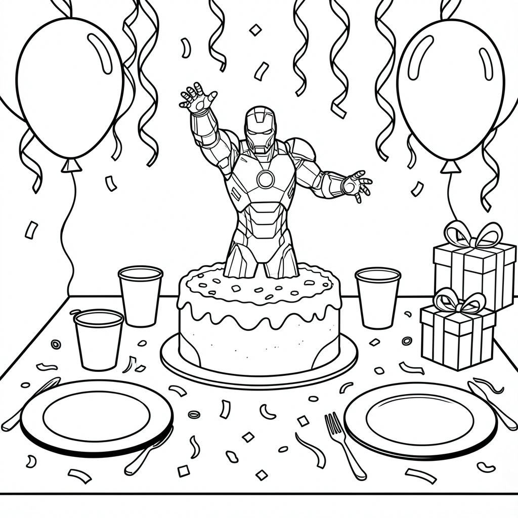 Mesa de festa com toalha vermelha, pratos e copos decorados com tema Homem de Ferro em dourado e vermelho
