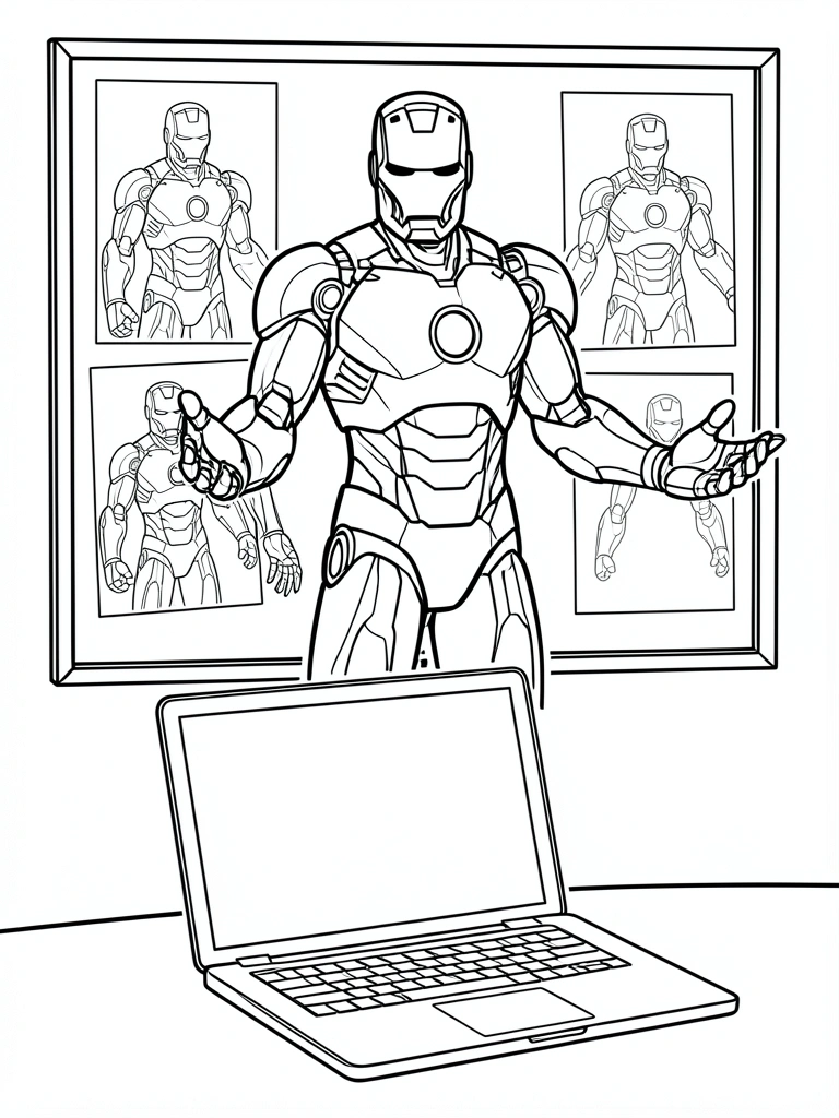 Pinboard com desenhos do Homem de Ferro e laptop aberto sobre a mesa