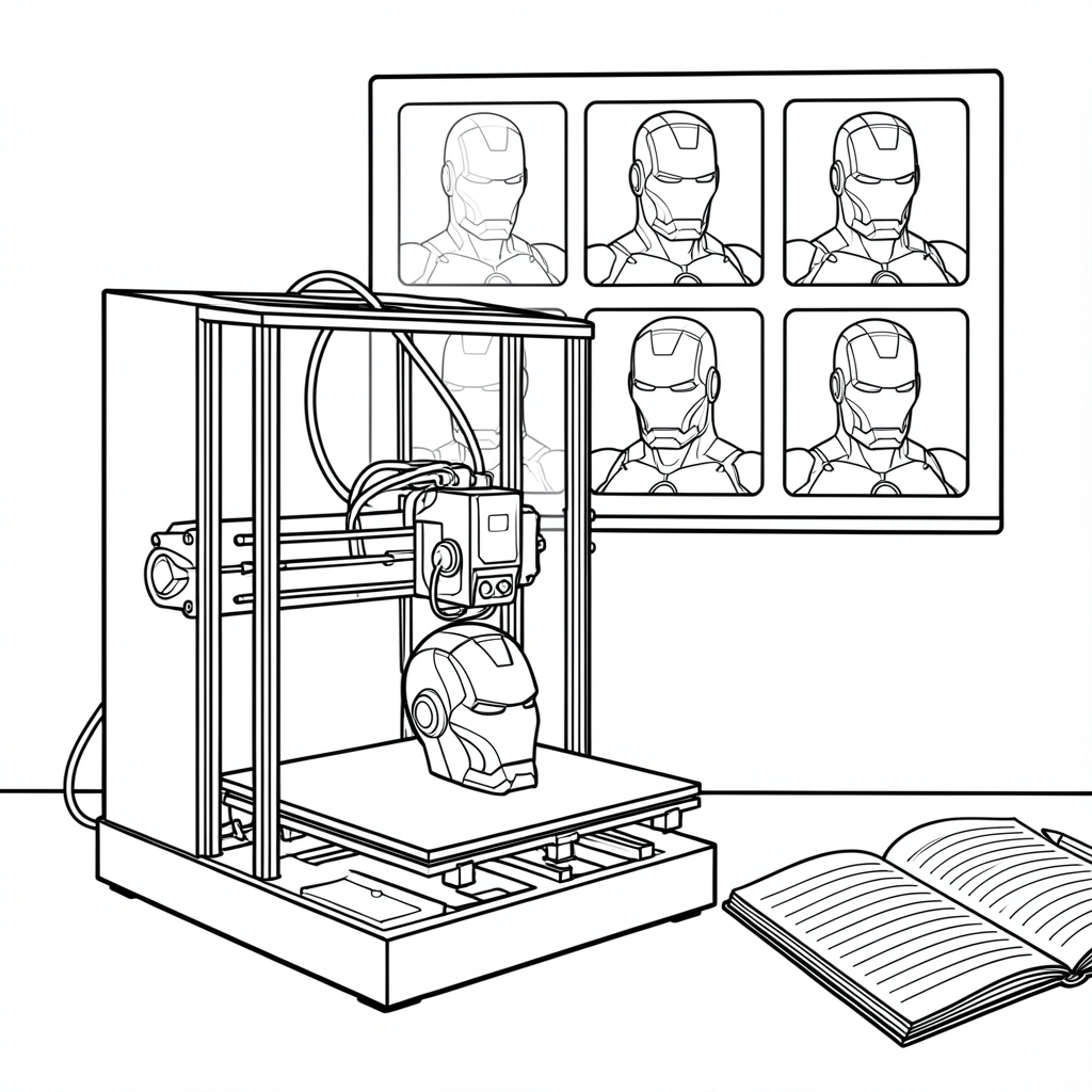 Impressora 3D em funcionamento criando capacete miniatura do Homem de Ferro, com filamento vermelho e detalhes dourados visíveis.