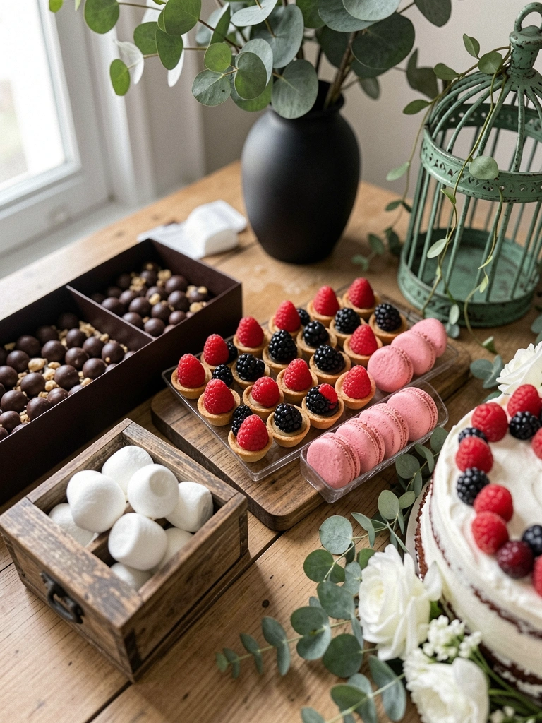 Mesa de doces com bolo, doces finos e flores naturais em festa elegante