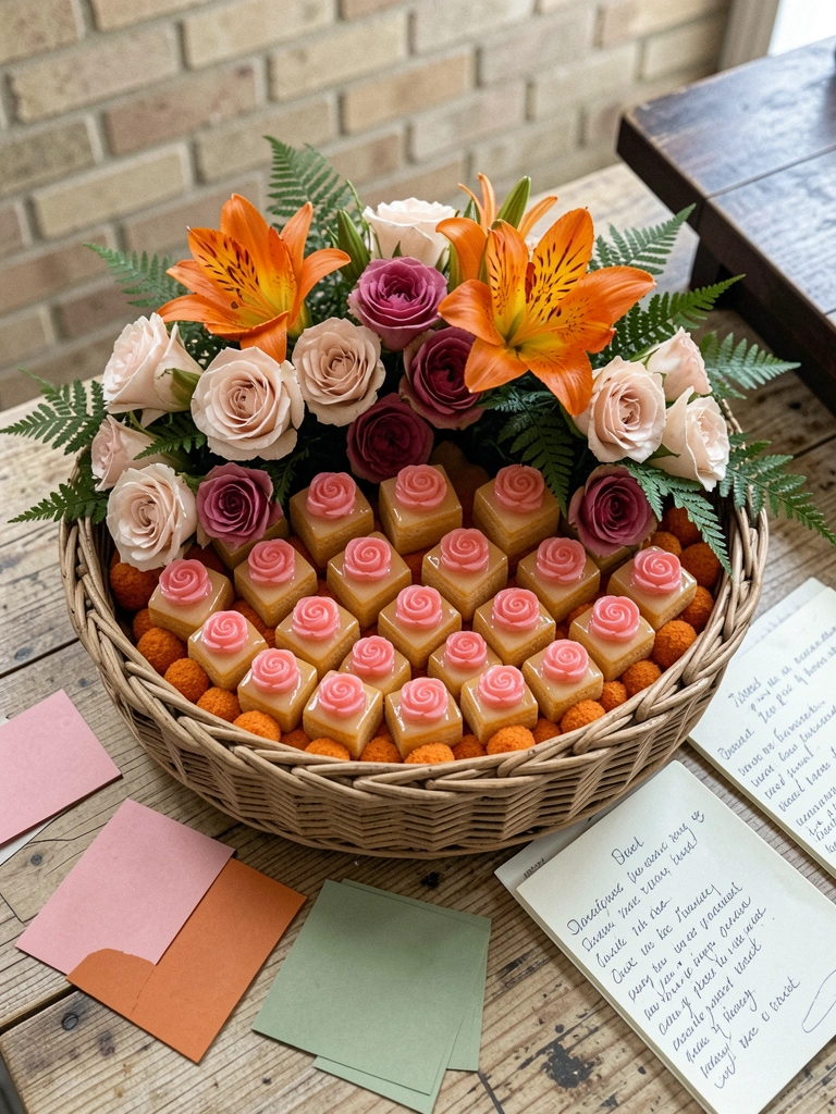 Mesa de trabalho com amostras de cores, anotações e doces organizados