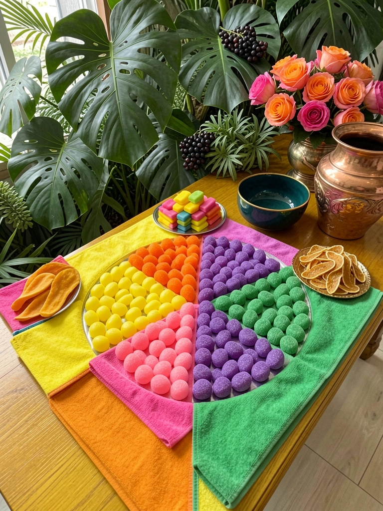 Roda de cores com amostras de doces e toalhas coloridas