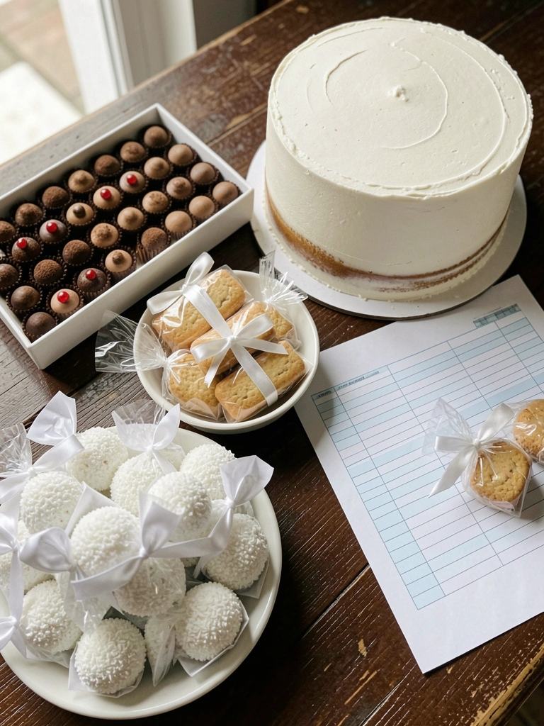 Planilha impressa com colunas de preços e quantidades de doces para festa