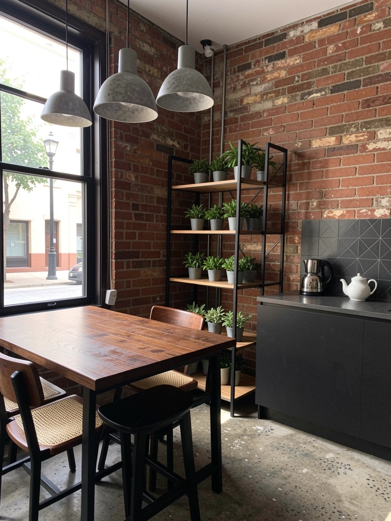Loft com tijolos aparentes, vigas metálicas no teto e sofá minimalista em tons neutros
