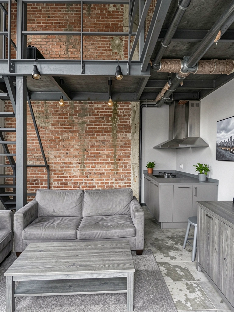Ambiente industrial com paredes de tijolo aparente e mobiliário minimalista em tons neutros